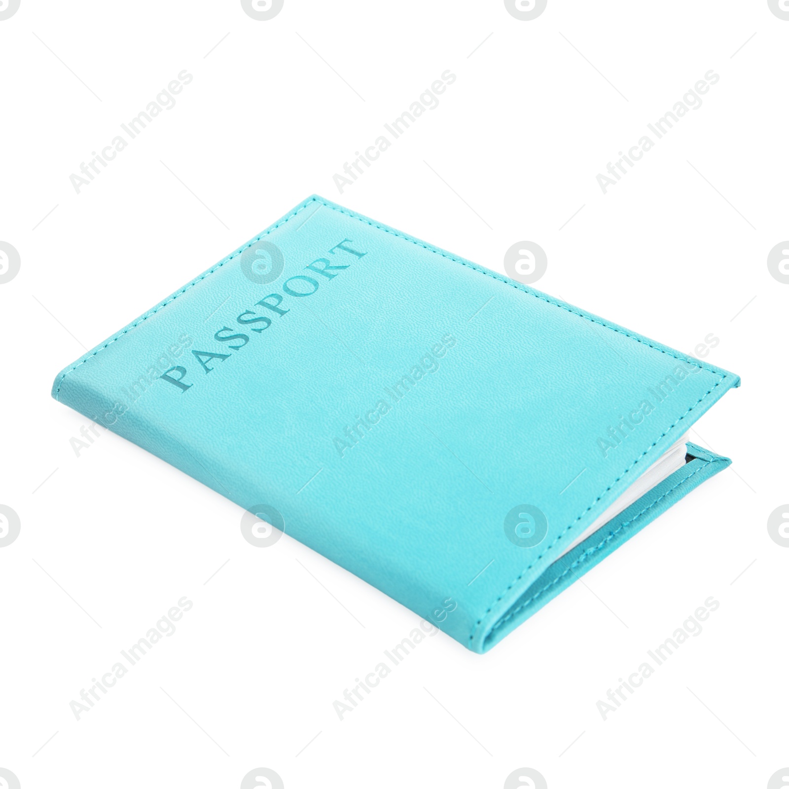 Photo of Passport in light blue cover isolated on white