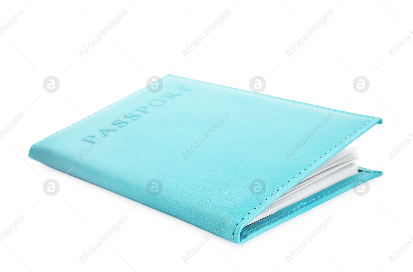 Photo of Passport in light blue cover isolated on white