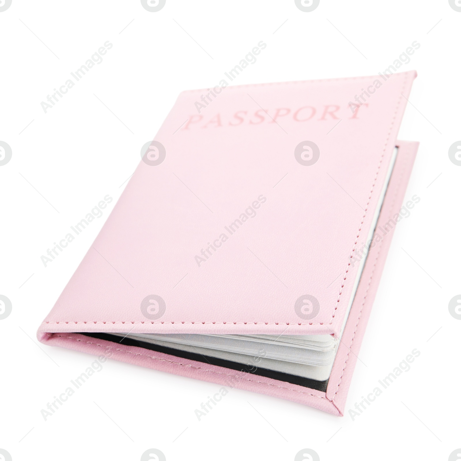 Photo of Passport in light pink cover isolated on white