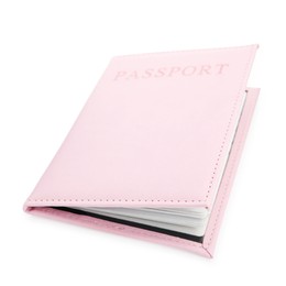 Photo of Passport in light pink cover isolated on white