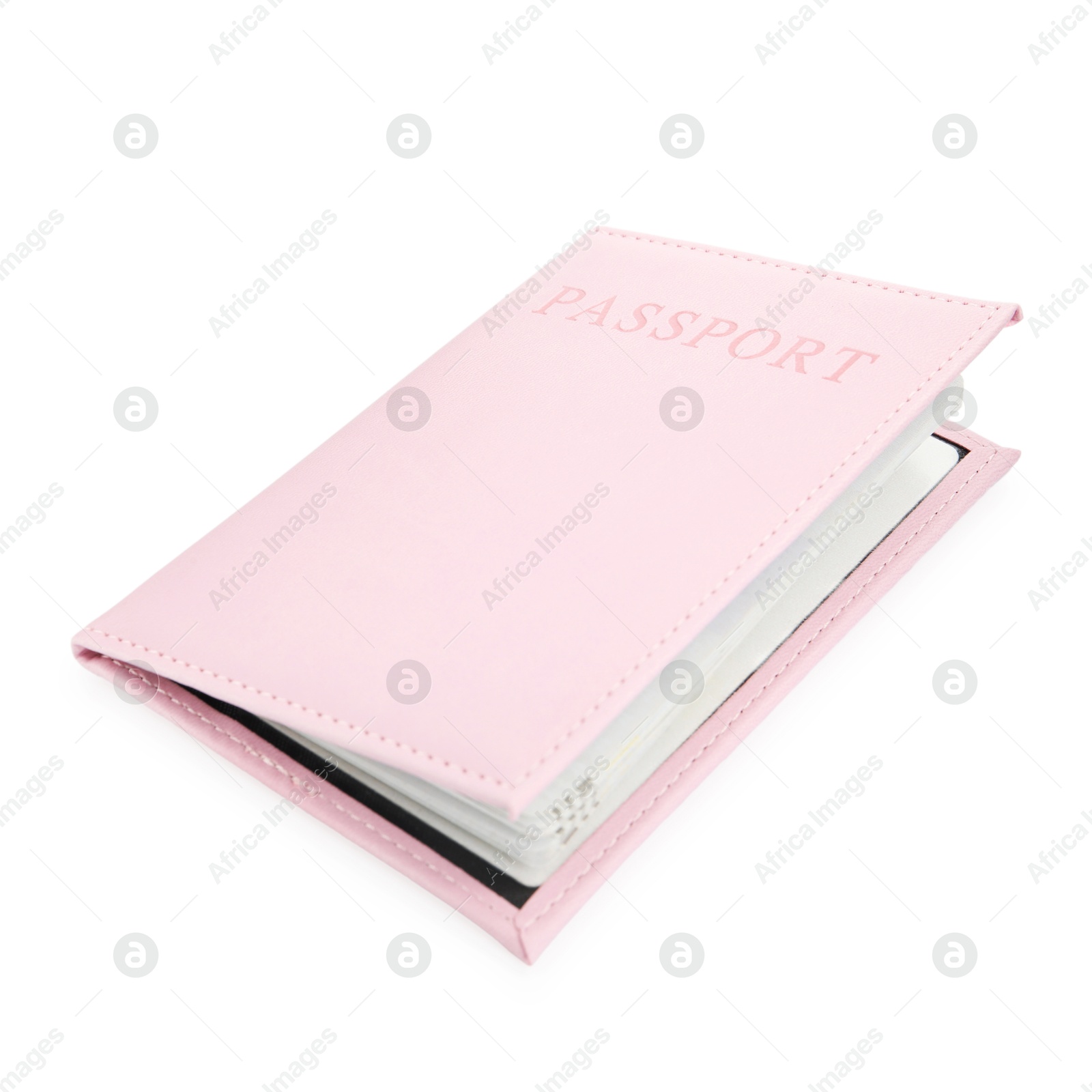 Photo of Passport in light pink cover isolated on white