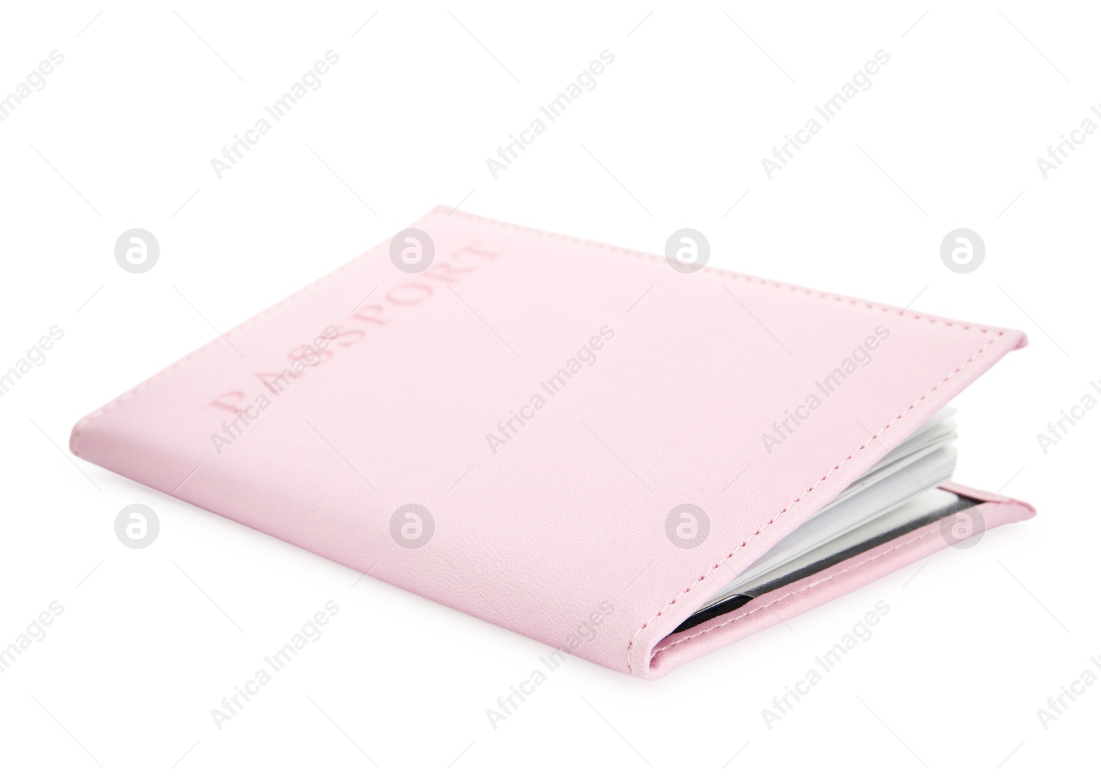 Photo of Passport in light pink cover isolated on white