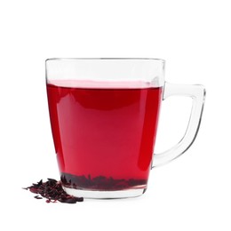 Photo of Delicious hibiscus tea in glass cup and dry roselle sepals isolated on white