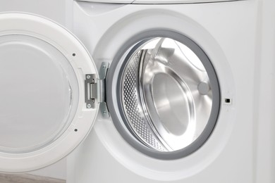 Photo of Washing machine with empty drum as background, closeup