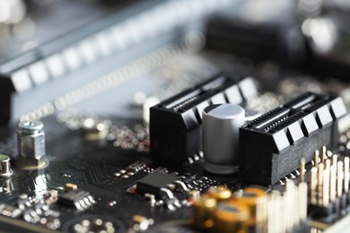 Photo of Computer motherboard as background, closeup. Electronic engineering