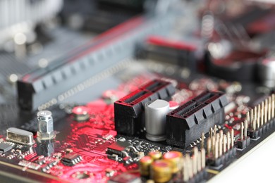 Photo of Computer motherboard as background, closeup. Electronic engineering