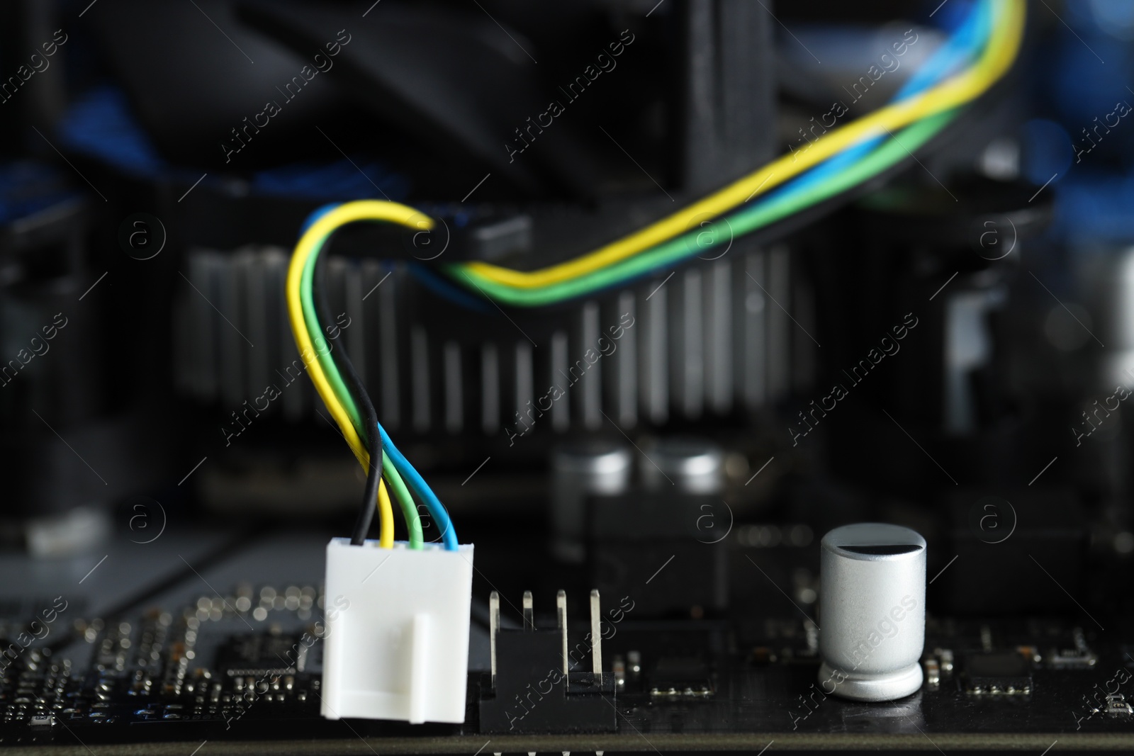 Photo of Computer motherboard as background, closeup. Electronic engineering