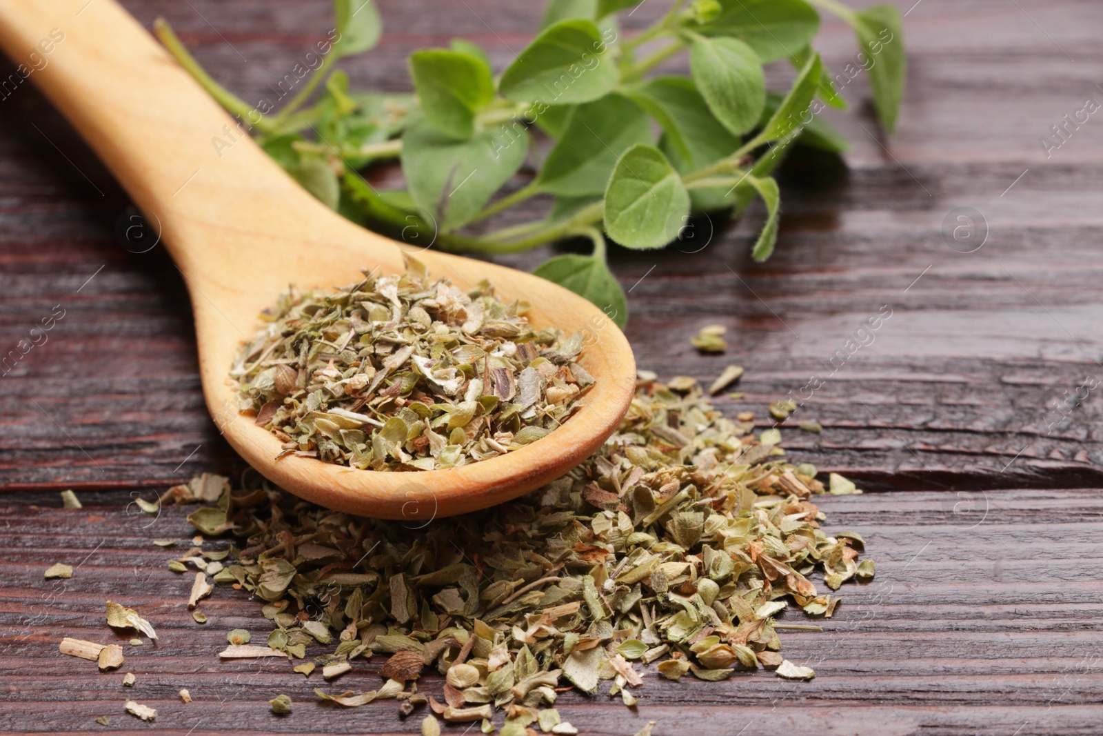 Photo of Dried oregano in spoon and green leaves on wooden table, closeup