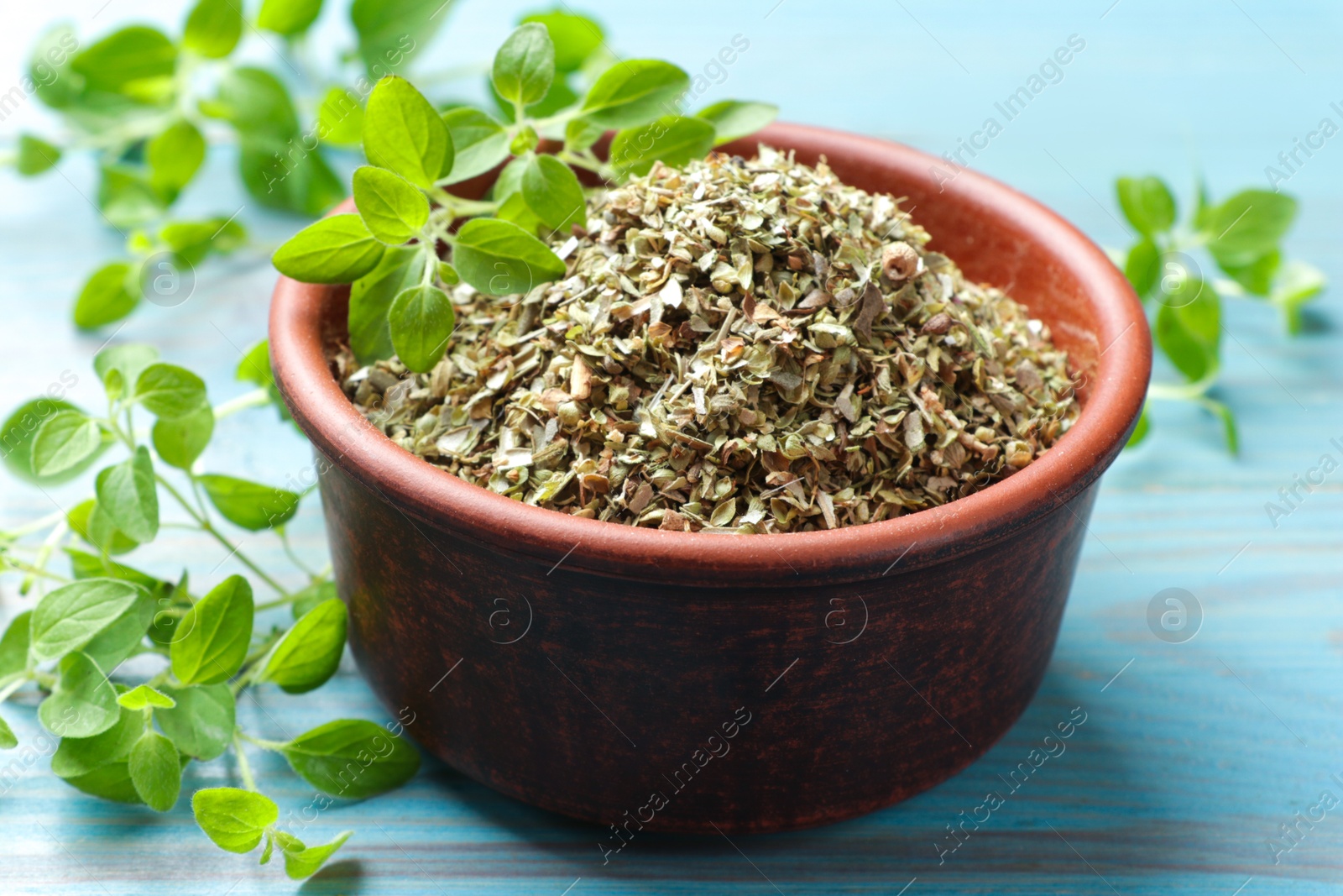 Photo of Dried oregano in bowl and green leaves on light blue wooden table, closeup