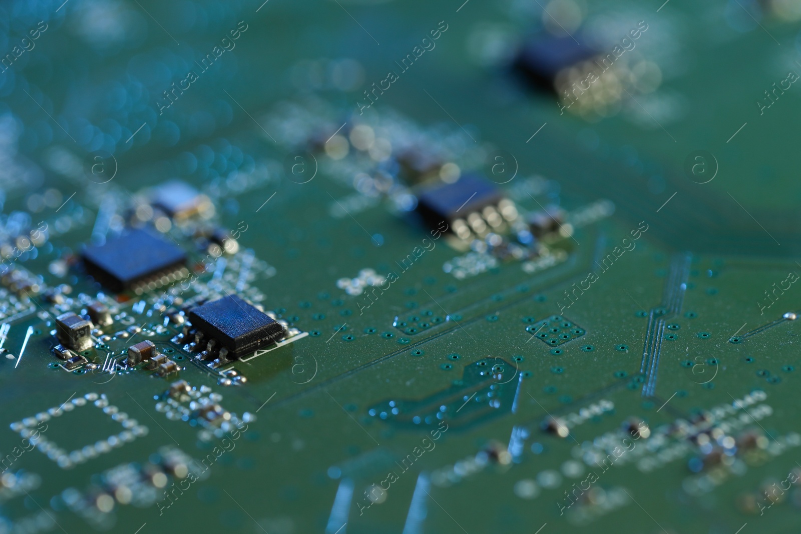 Photo of Computer circuit board, macro view. Electronic engineering