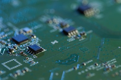 Photo of Computer circuit board, macro view. Electronic engineering