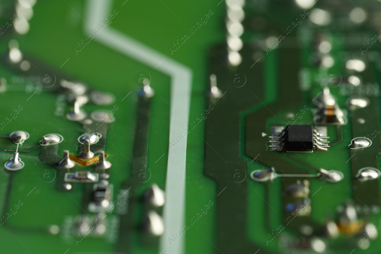 Photo of Computer circuit board, macro view. Electronic engineering