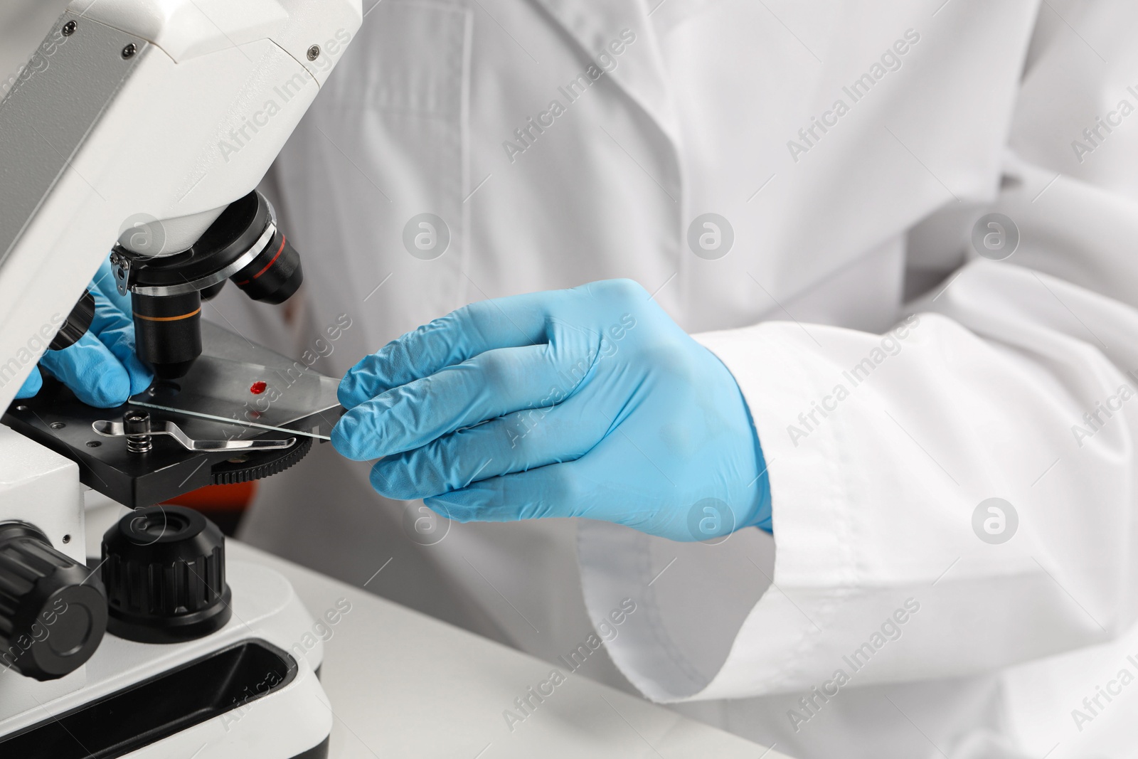 Photo of Scientist examining sample on slide under microscope, closeup