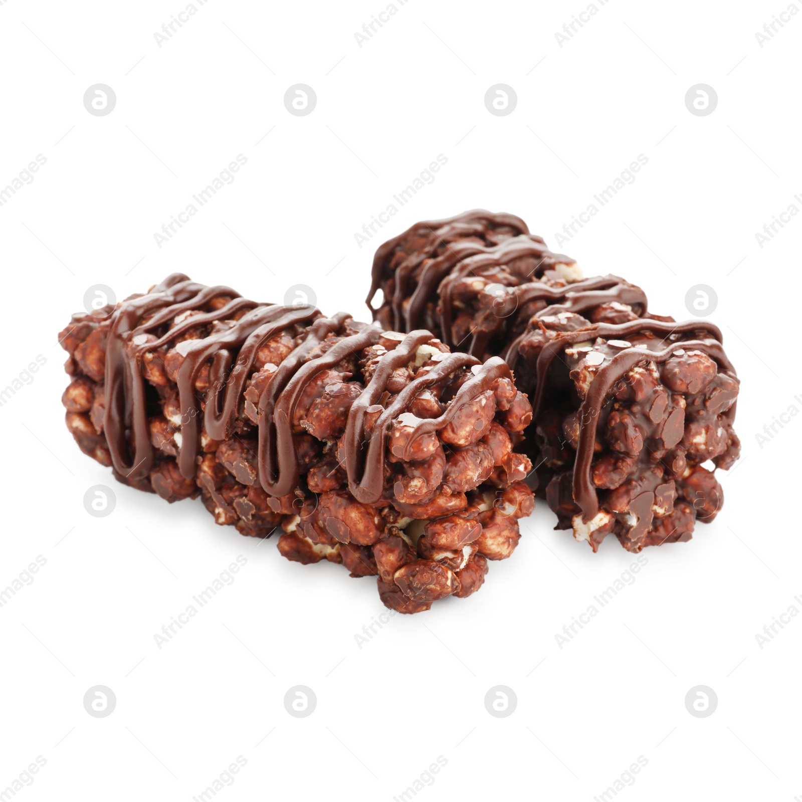 Photo of Delicious chocolate puffed rice bars isolated on white