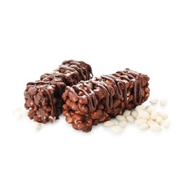 Photo of Delicious chocolate puffed rice bars isolated on white