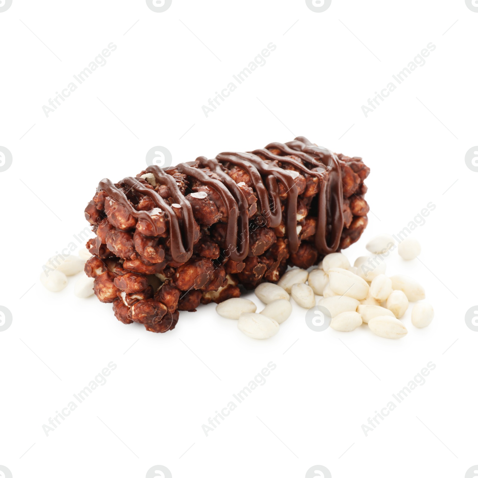 Photo of Delicious chocolate puffed rice bar isolated on white