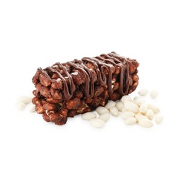 Photo of Delicious chocolate puffed rice bar isolated on white