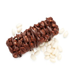 Photo of Delicious chocolate puffed rice bar isolated on white, top view