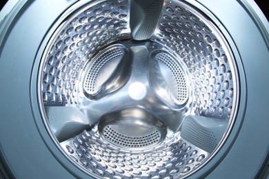 Photo of Washing machine with empty drum as background, closeup