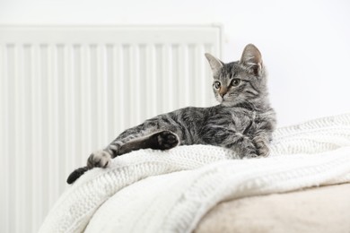 Photo of Cute little kitten on pouf near radiator at home