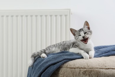 Photo of Cute little kitten on pouf near radiator at home