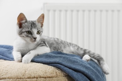 Photo of Cute little kitten on pouf near radiator at home