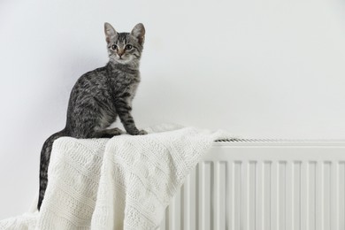 Photo of Cute little kitten on radiator at home, space for text