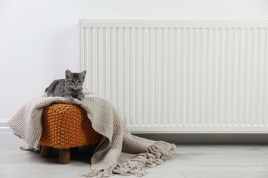 Photo of Cute little kitten on pouf near radiator at home, space for text