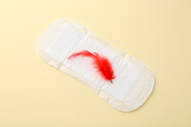 Photo of Menstrual pad with red feather on beige background, top view