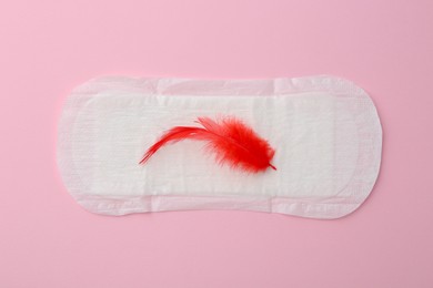 Photo of Menstrual pad with red feather on pink background, top view