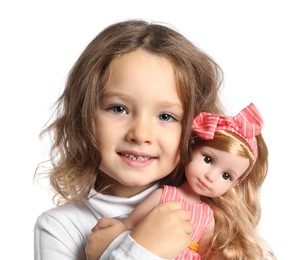 Photo of Cute little girl with doll on white background