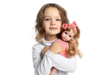 Photo of Cute little girl with doll on white background