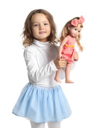 Photo of Cute little girl with doll on white background