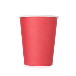 Photo of One paper cup on white background. Mockup for design