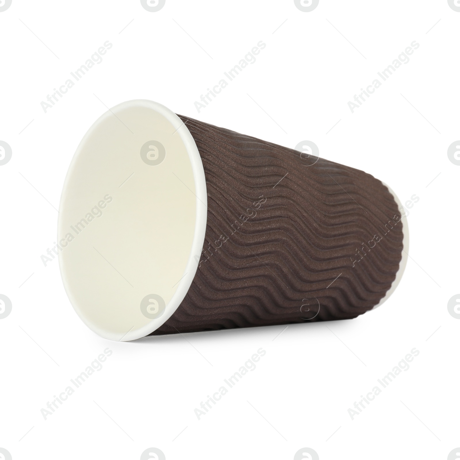 Photo of One paper cup on white background. Mockup for design