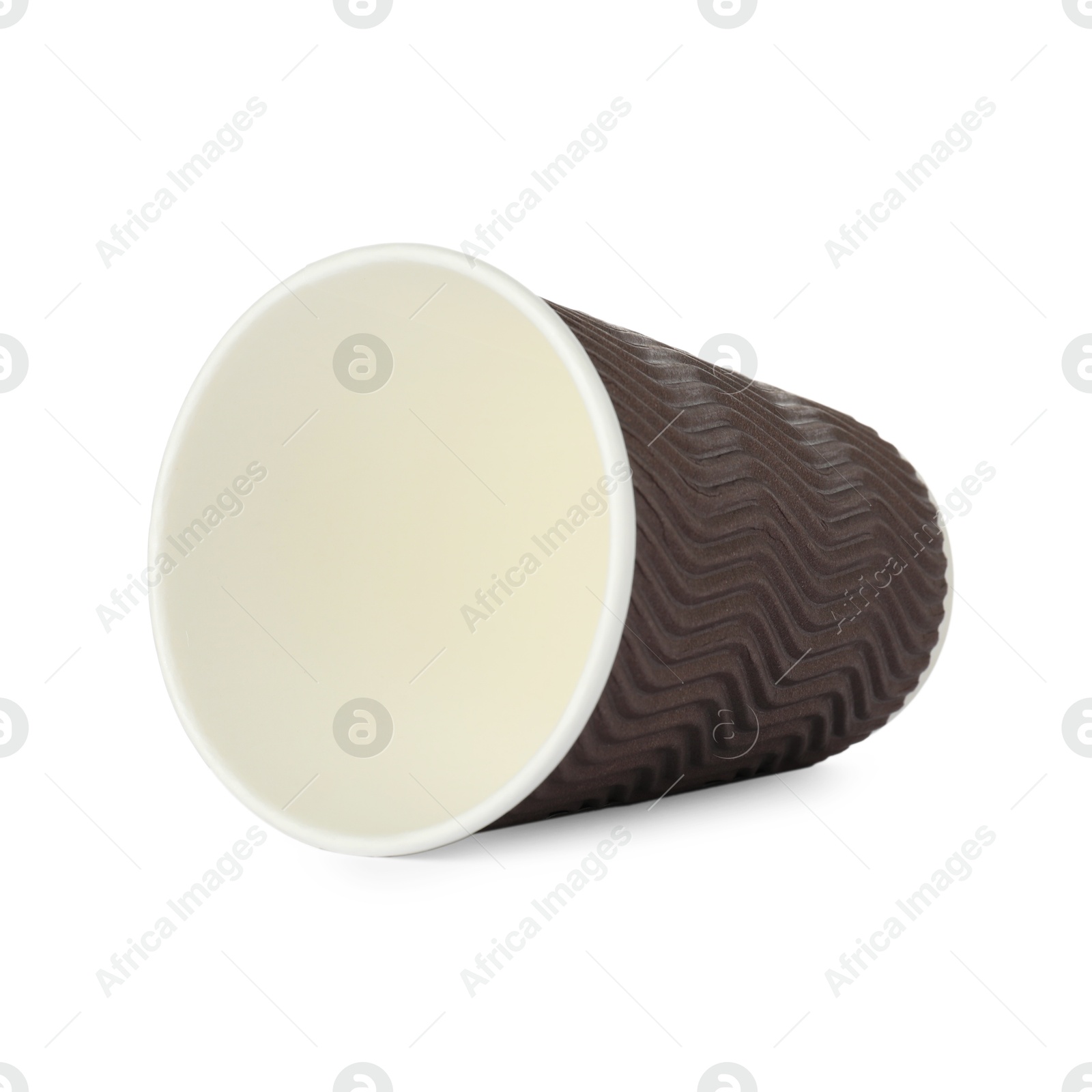 Photo of One paper cup on white background. Mockup for design