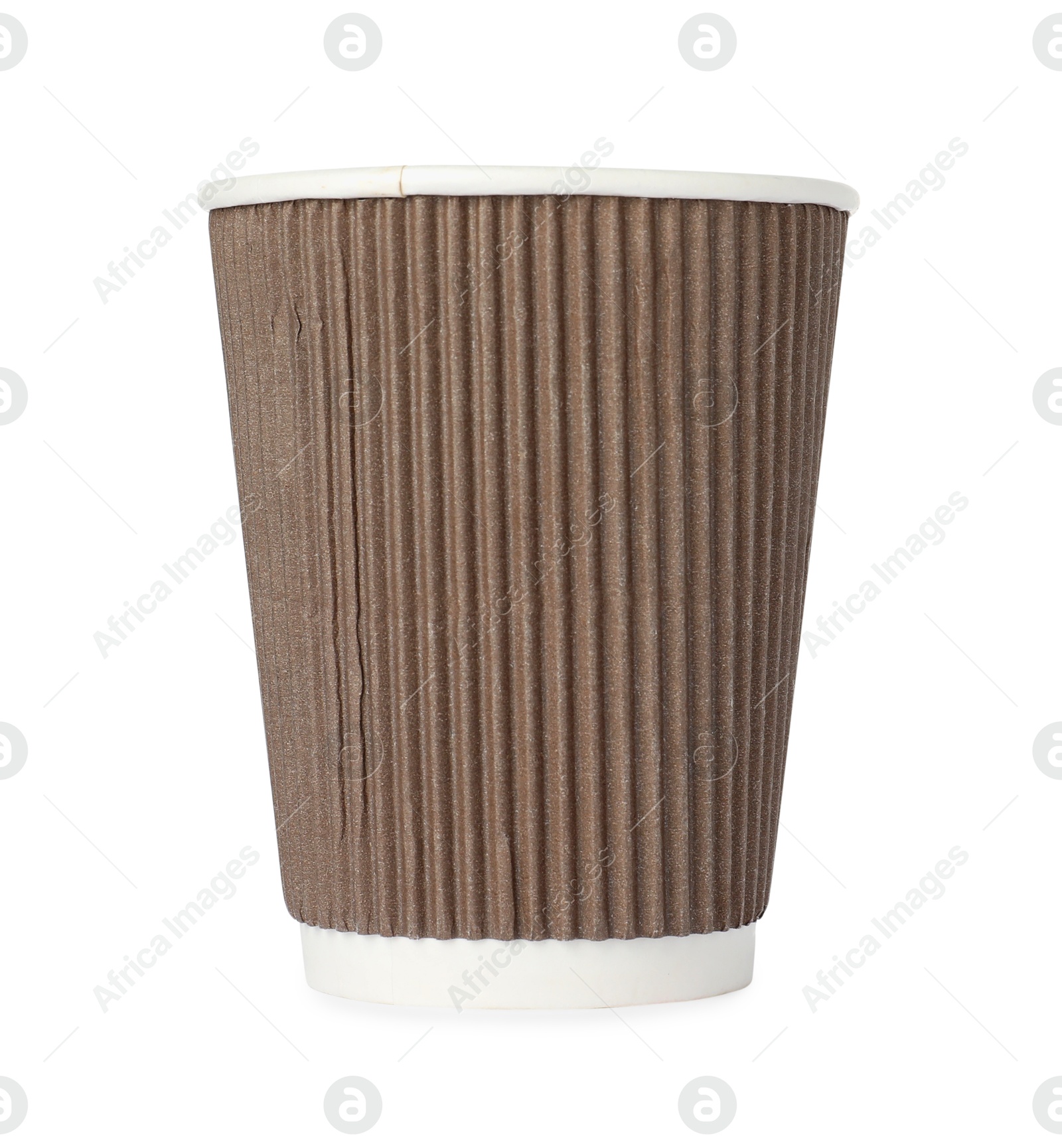 Photo of One paper cup on white background. Mockup for design