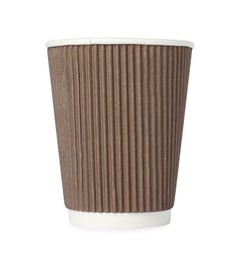 Photo of One paper cup on white background. Mockup for design