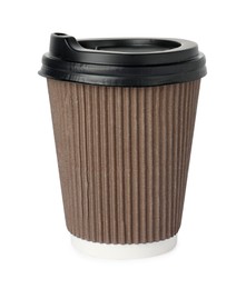 Photo of Paper cup with lid on white background. Mockup for design