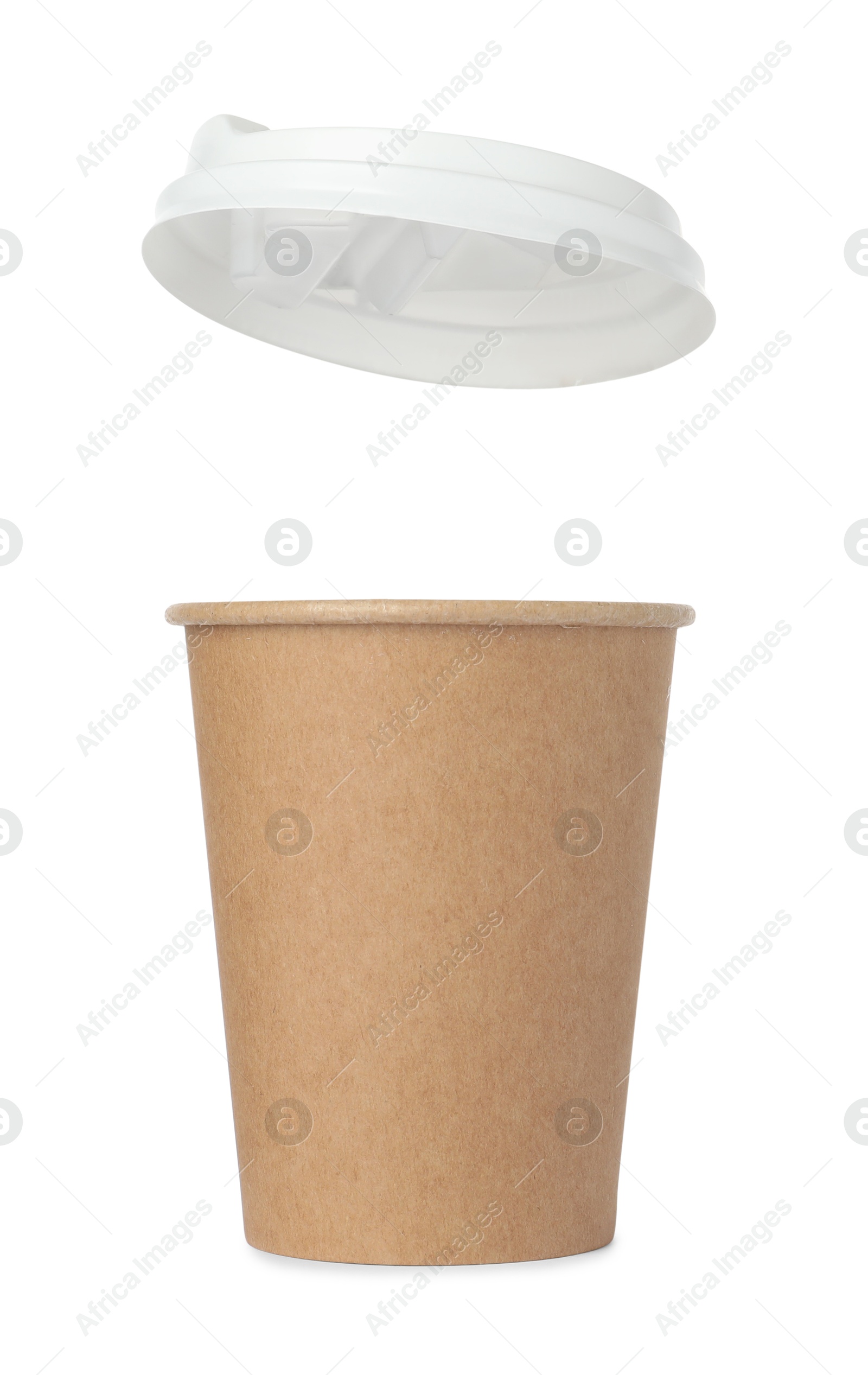 Photo of Paper cup with lid on white background. Mockup for design