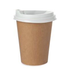 Photo of Paper cup with lid on white background. Mockup for design