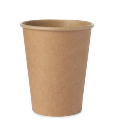 Photo of One paper cup on white background. Mockup for design