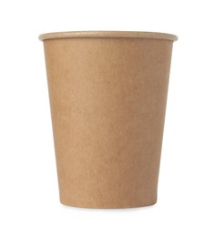 Photo of One paper cup on white background. Mockup for design