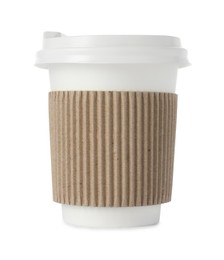 Photo of Paper cup with lid on white background. Mockup for design