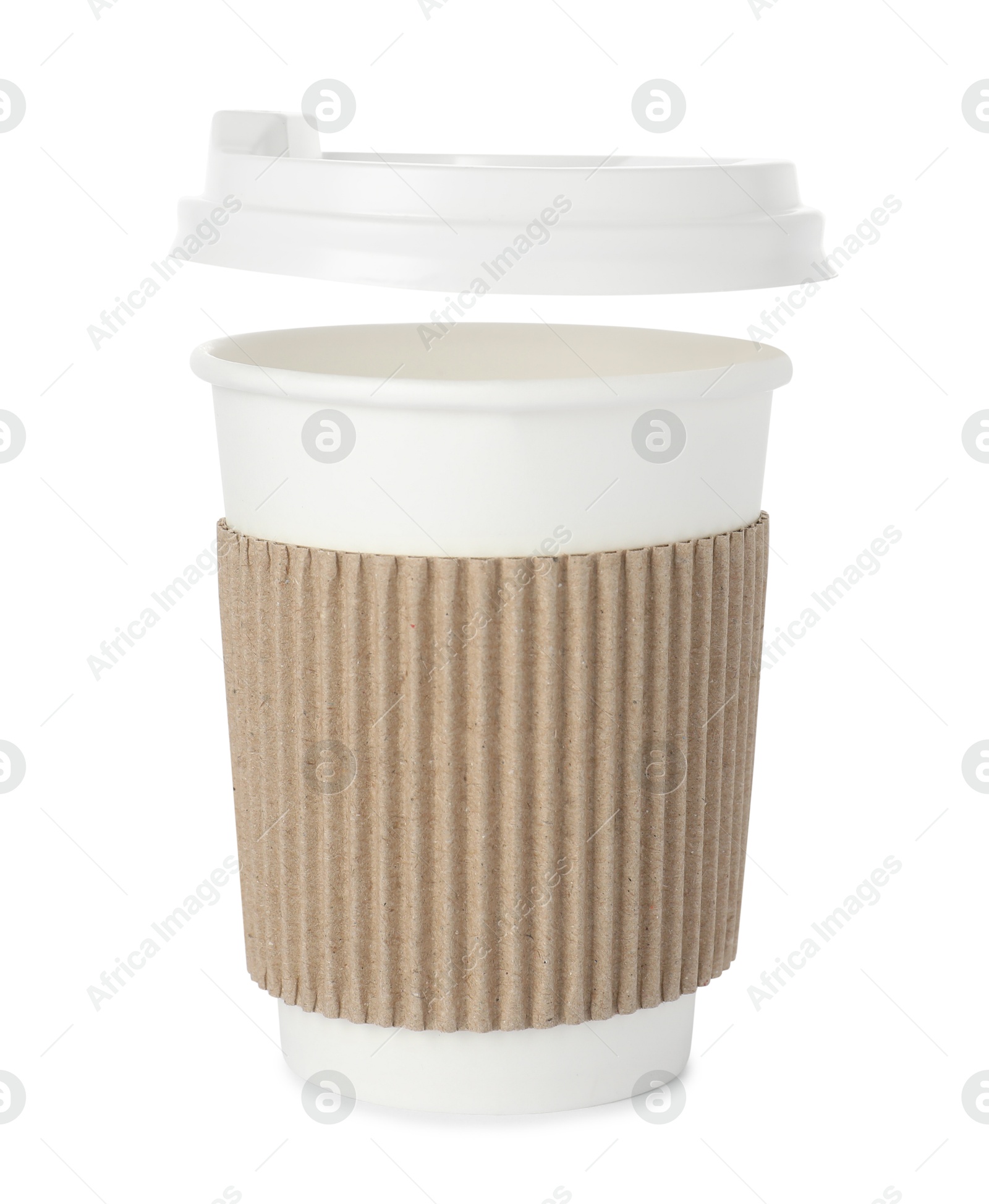 Photo of Paper cup with lid on white background. Mockup for design