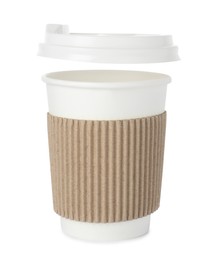 Photo of Paper cup with lid on white background. Mockup for design