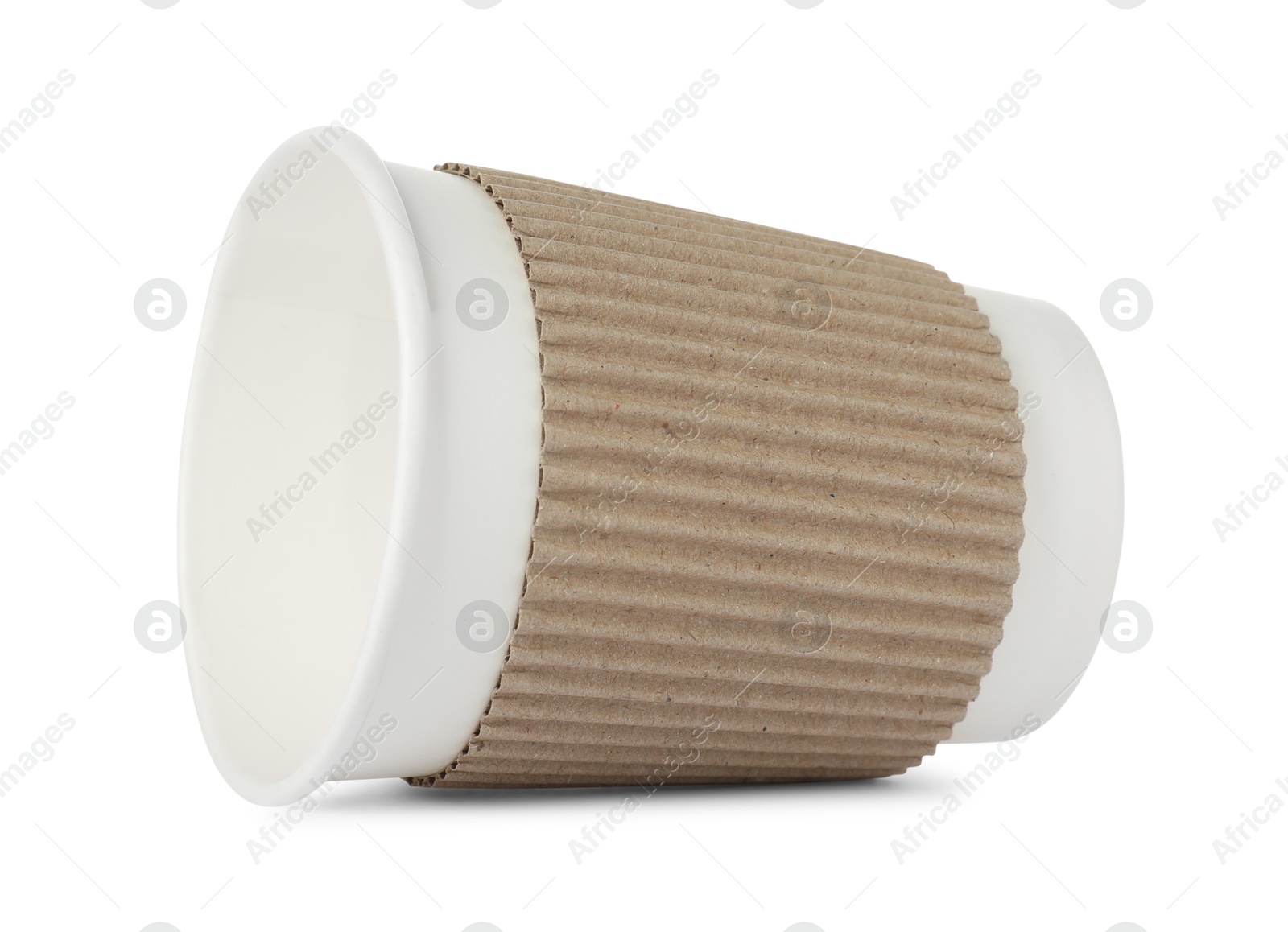 Photo of One paper cup on white background. Mockup for design