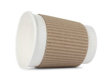 Photo of One paper cup on white background. Mockup for design