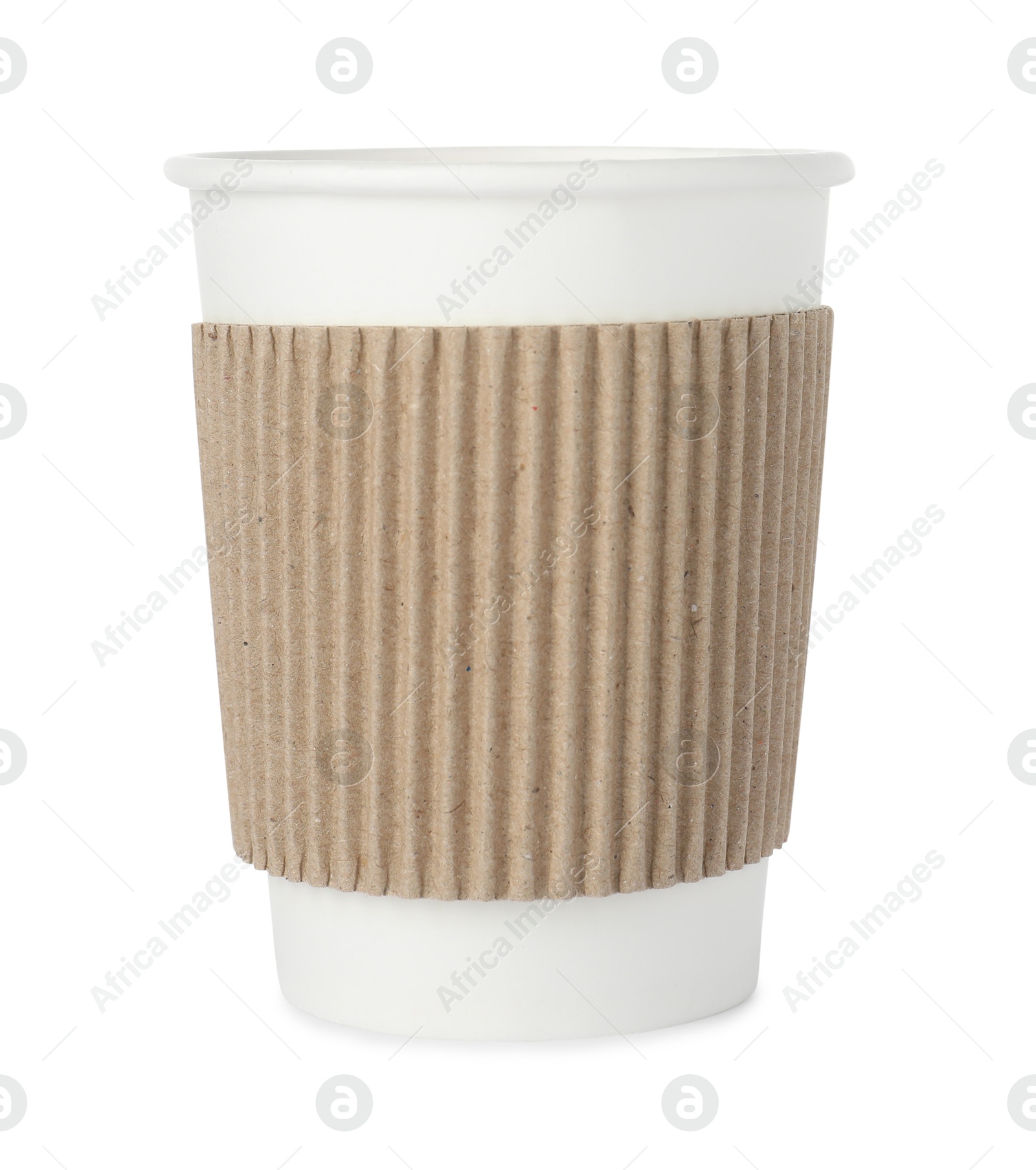 Photo of One paper cup on white background. Mockup for design