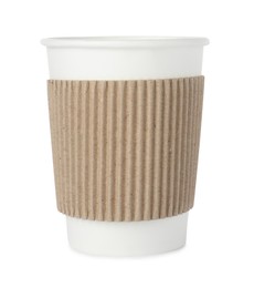 Photo of One paper cup on white background. Mockup for design